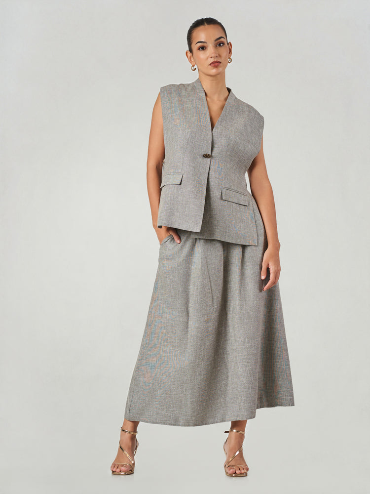 Linen Blend Sleeveless Vest Skirt Set