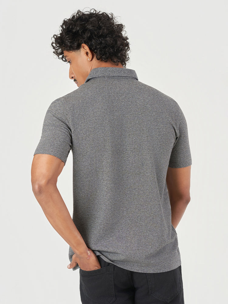 Grey Striped Cotton Polo T-Shirt