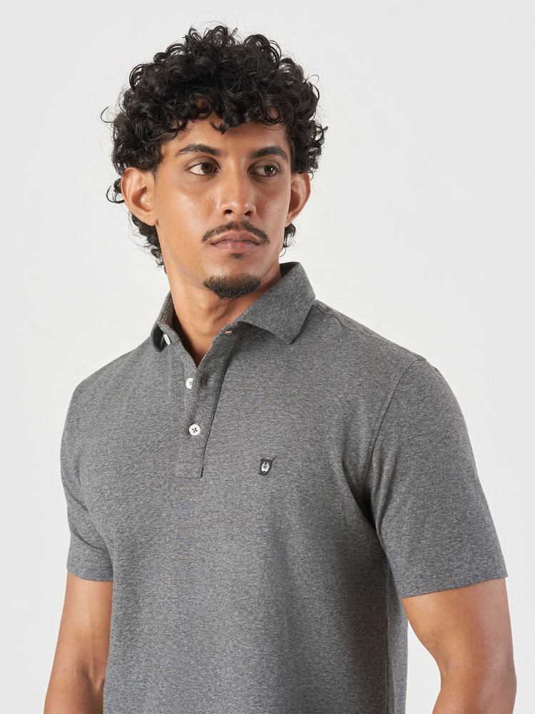 Grey Striped Cotton Polo T-Shirt