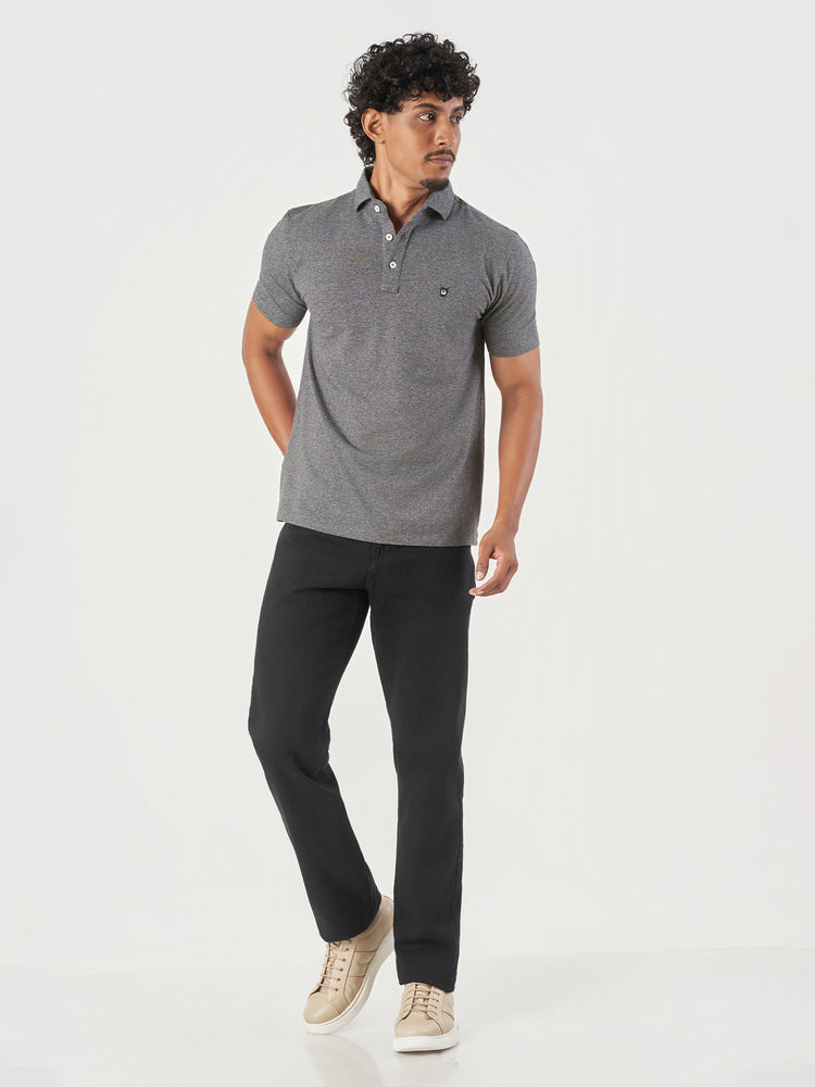 Grey Striped Cotton Polo T-Shirt