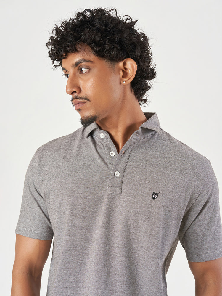 Grey Striped Cotton Polo T-Shirt
