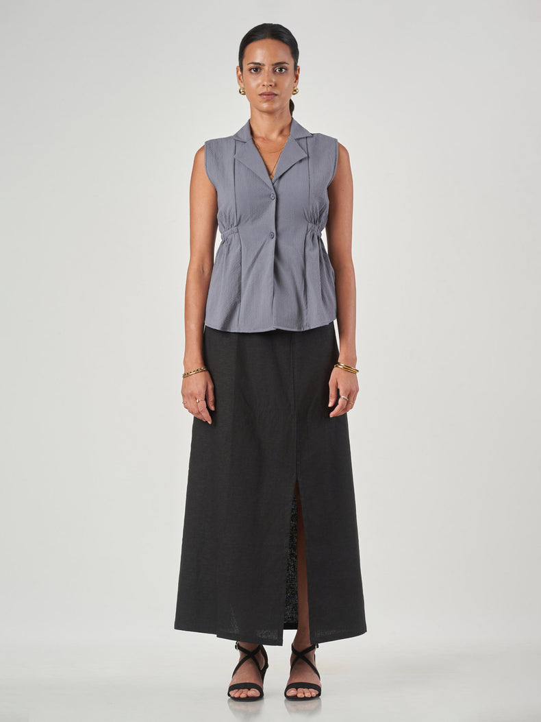Grey Textured Sleeveless Blouse
