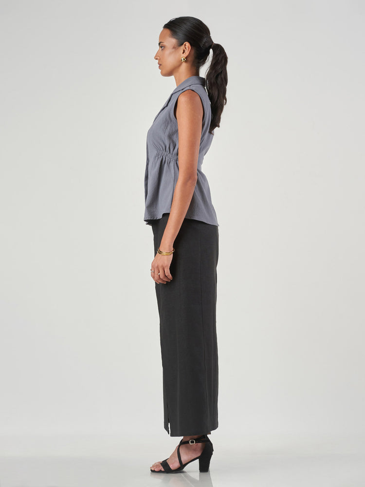 Grey Textured Sleeveless Blouse