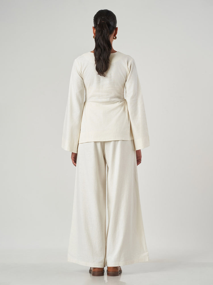 Ivory V-Neck Wide Leg Trouser Set