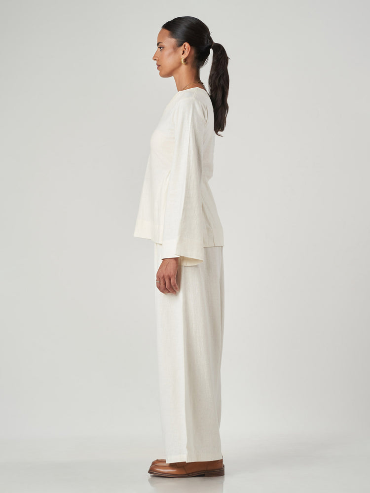 Ivory V-Neck Wide Leg Trouser Set