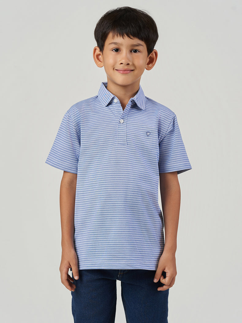 Light Blue Striped Cotton Short Sleeve Polo T-Shirt