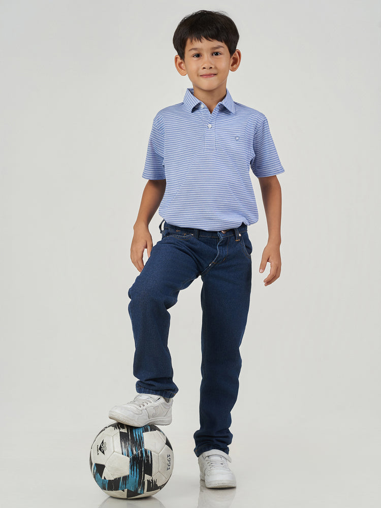 Light Blue Striped Cotton Short Sleeve Polo T-Shirt