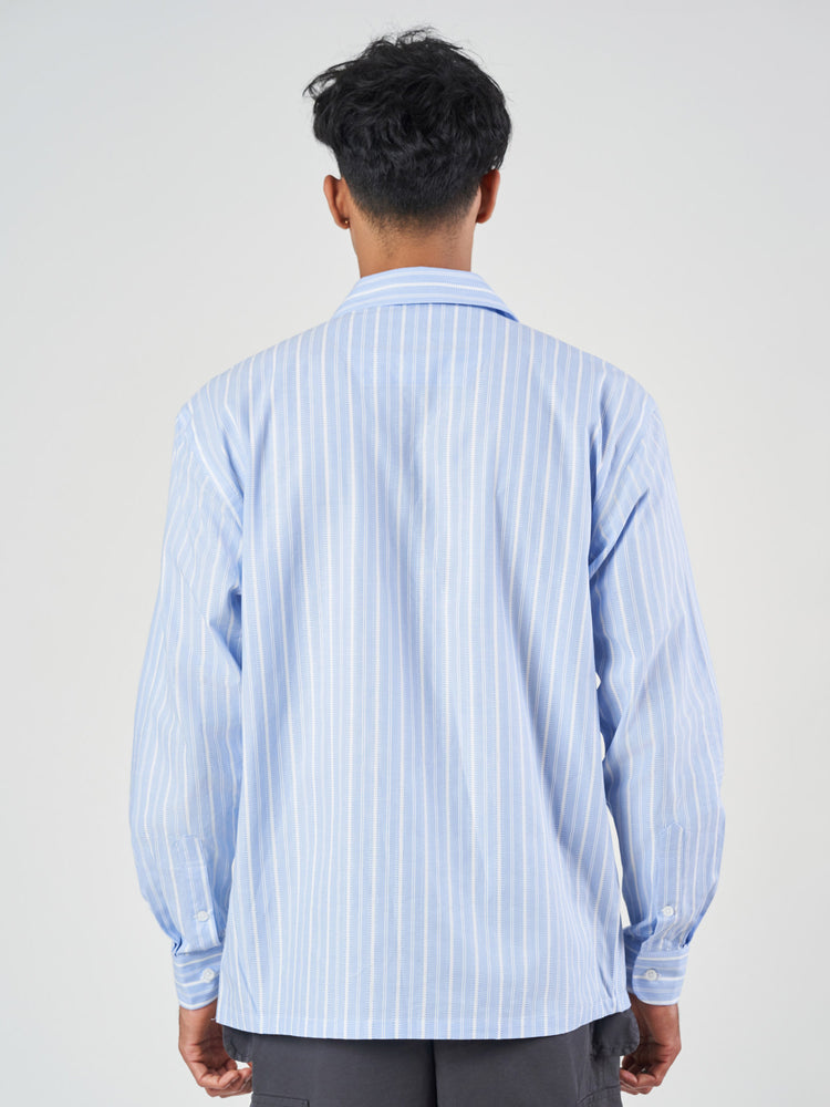Light Blue Striped Cuban Collar Cotton Shirt