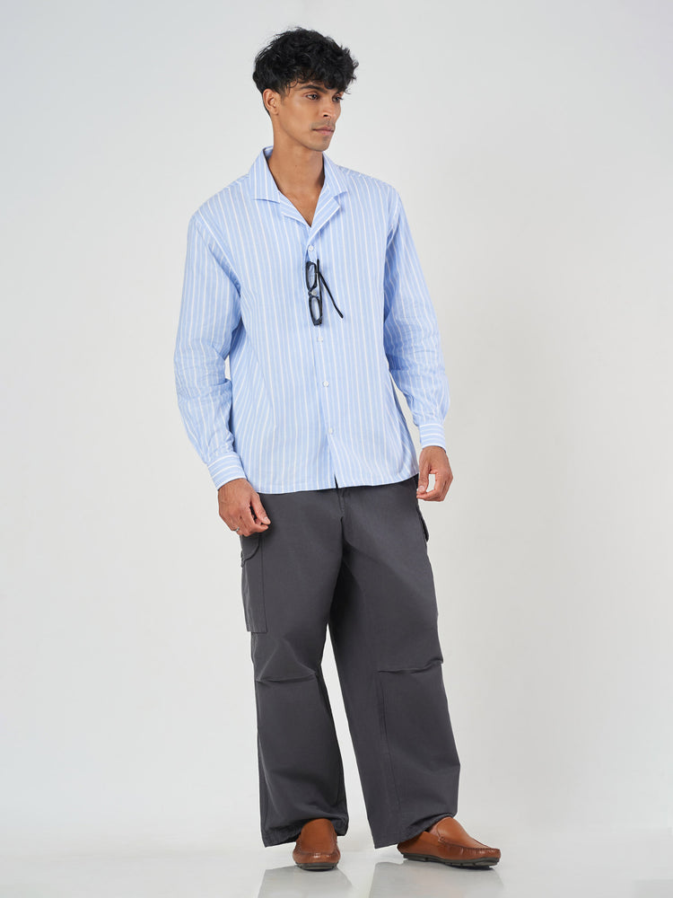 Light Blue Striped Cuban Collar Cotton Shirt