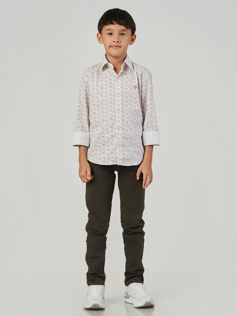 Light Brown Leaf Printed Cotton Viscose Long Sleeve Shirt