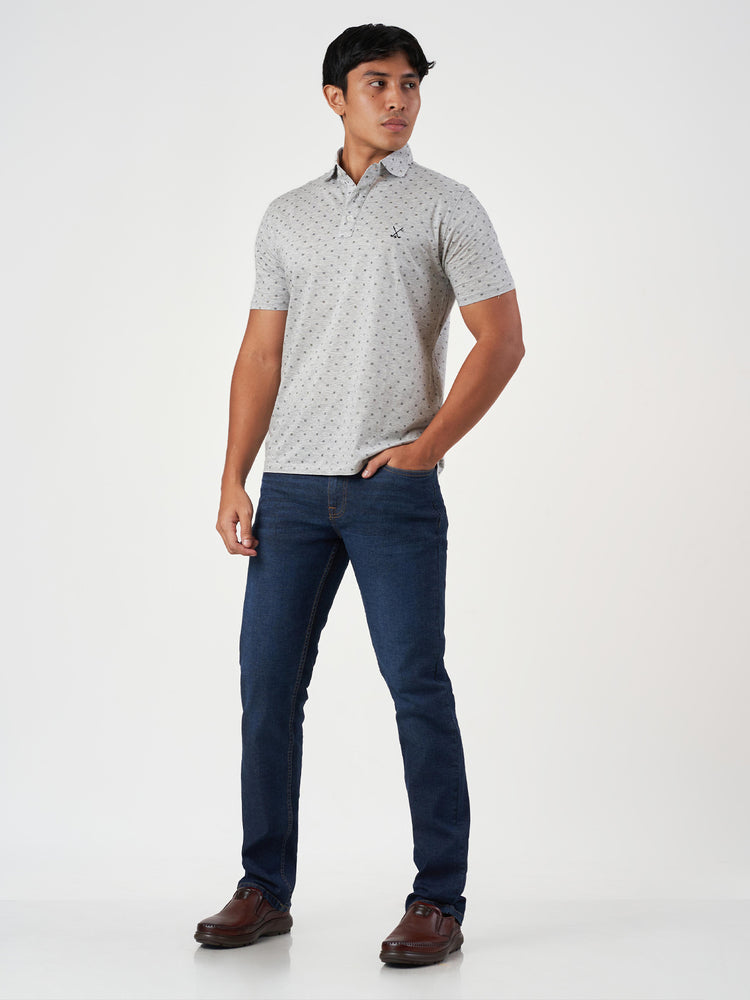 Light Grey Printed Cotton Polo T-Shirt
