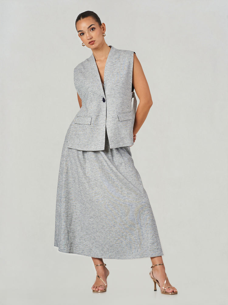 Linen Blend Sleeveless Vest Skirt Set