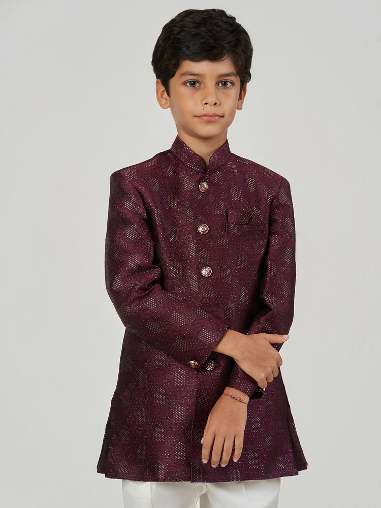 Maroon Jacquard Regular Fit Mandarin Collar Sherwani