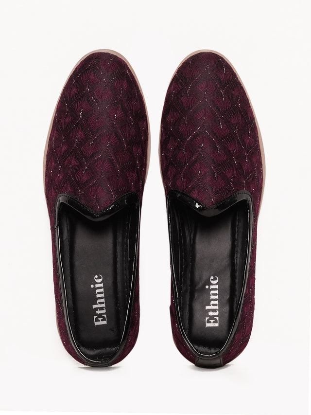 Maroon Textured Embroidered Ethnic Slip-On Shoes