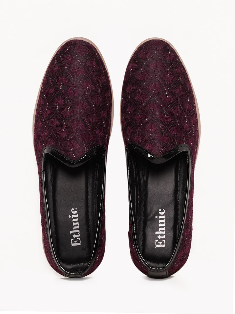 Maroon Textured Embroidered Ethnic Slip-On Shoes