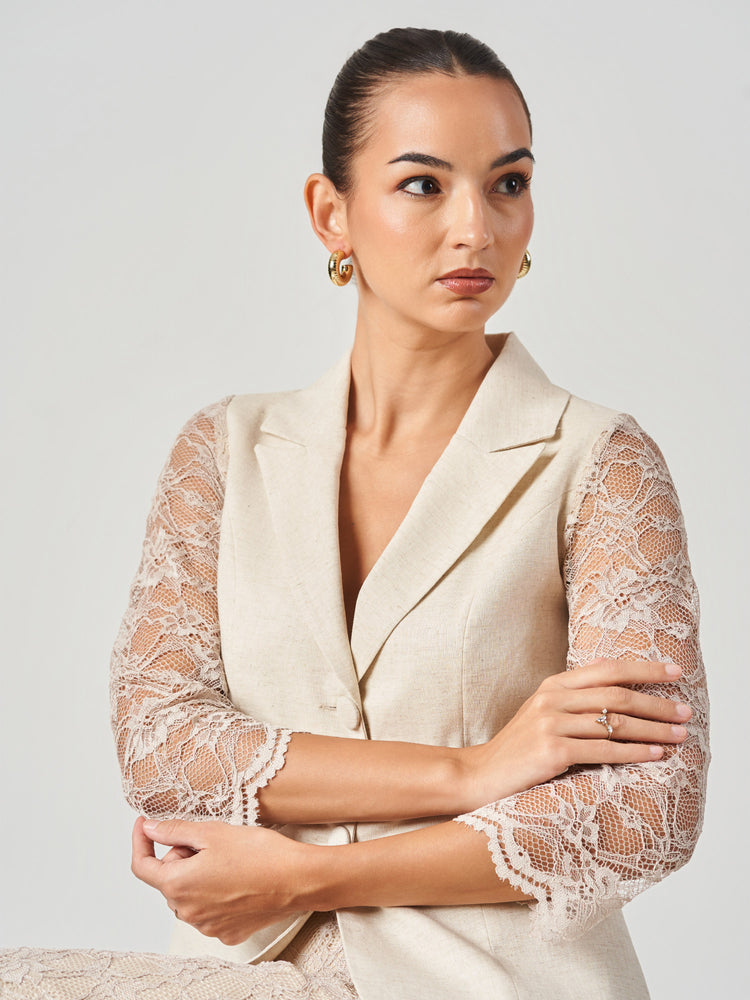 Off White Linen Blend Lace Formal Set