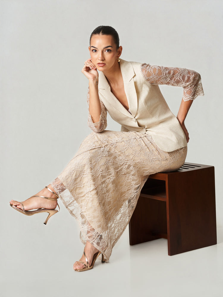 Off White Linen Blend Lace Formal Set