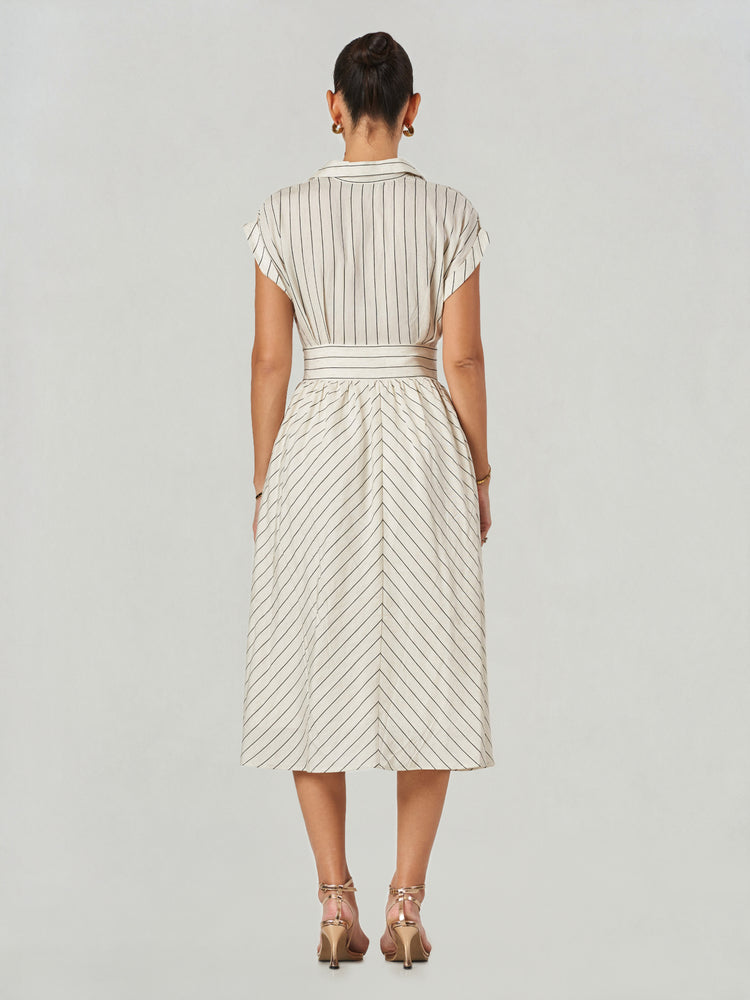 Off White Striped V Neck Midi Dress