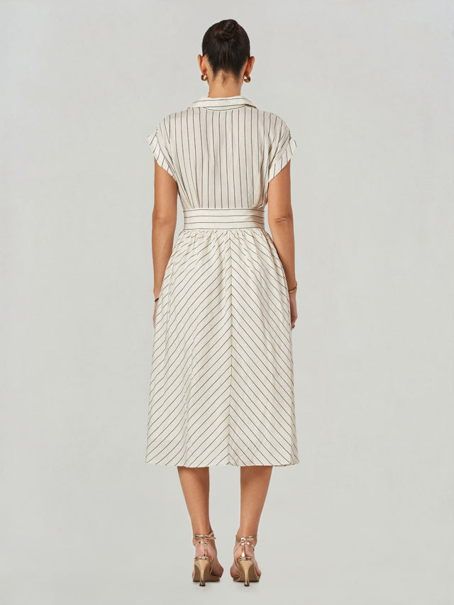 Off White Striped V Neck Midi Dress