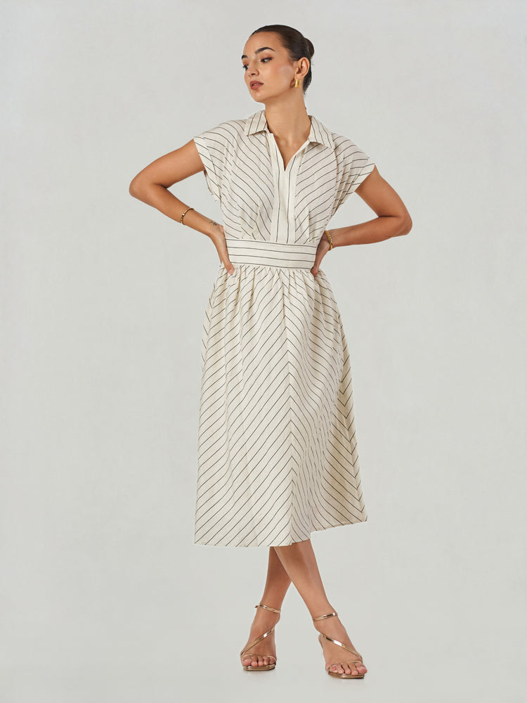 Off White Striped V Neck Midi Dress