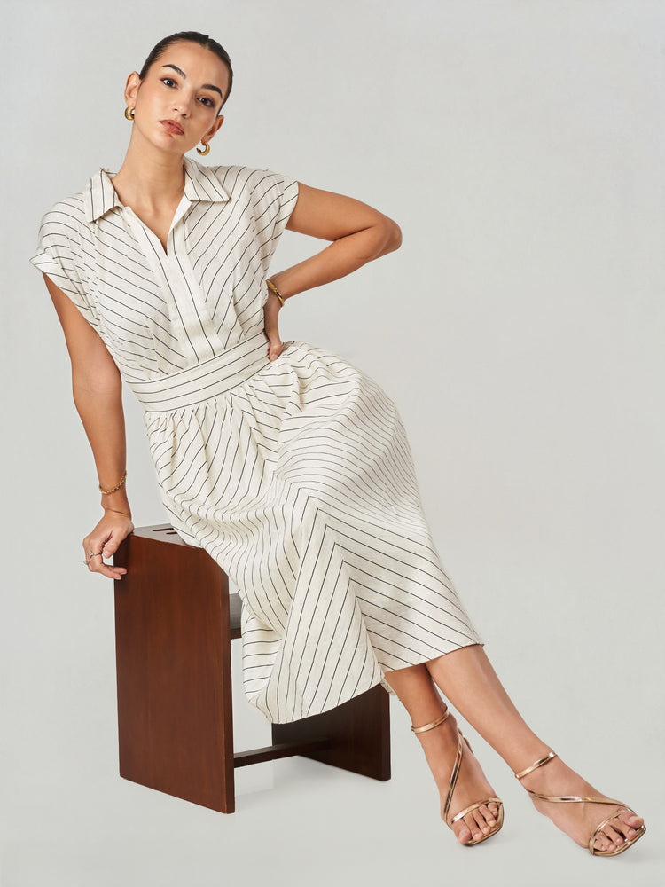 Off White Striped V Neck Midi Dress