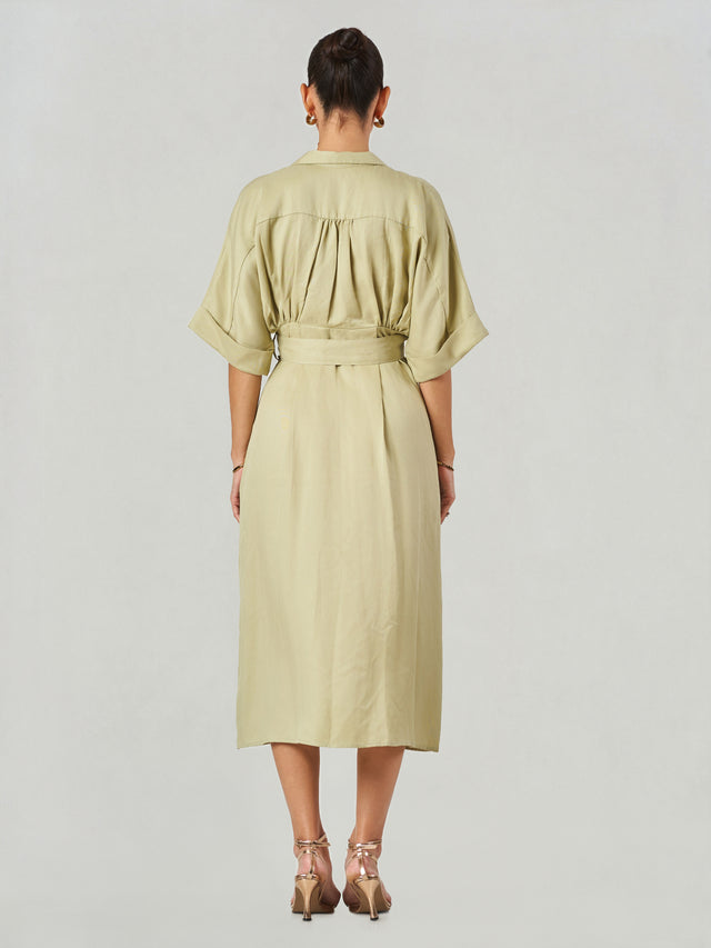 Olive Relaxed Fit Belted Midi Dress