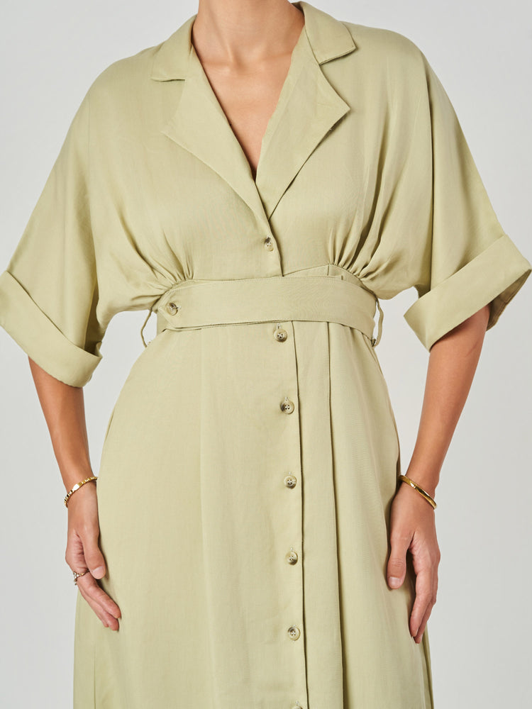 Olive Relaxed Fit Belted Midi Dress