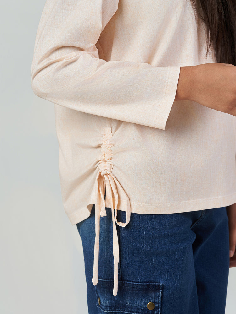 Light Orange Striped Long Sleeve Drawstring Top