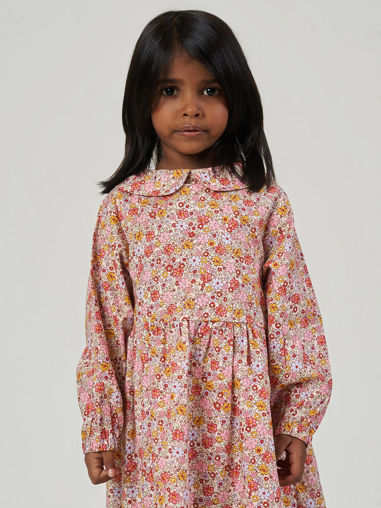 Pink Floral Printed Cotton Long Puff Sleeve Frock