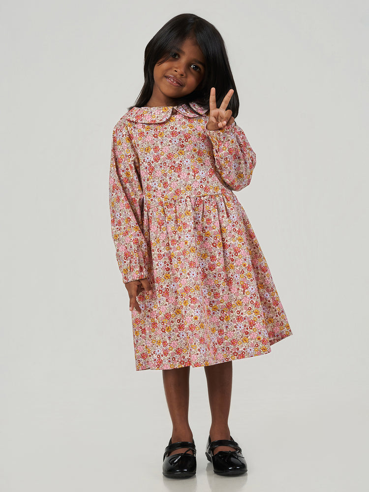 Pink Floral Printed Cotton Long Puff Sleeve Frock