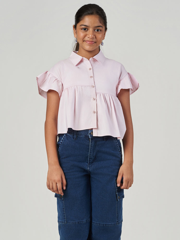 Pink Solid Ruffle Sleeve Button Front Top