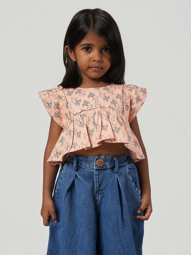Purple Floral Printed Cotton Ruffle Sleeve Top