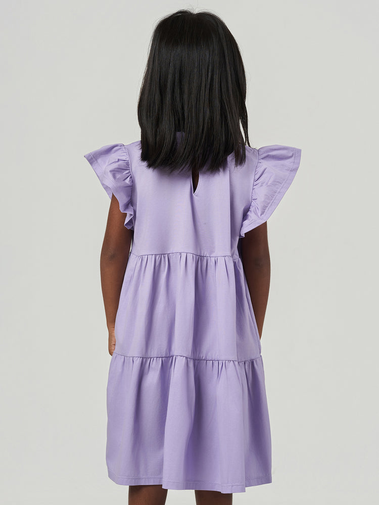 Purple Solid Regular Fit Ruffle Sleeve Dress