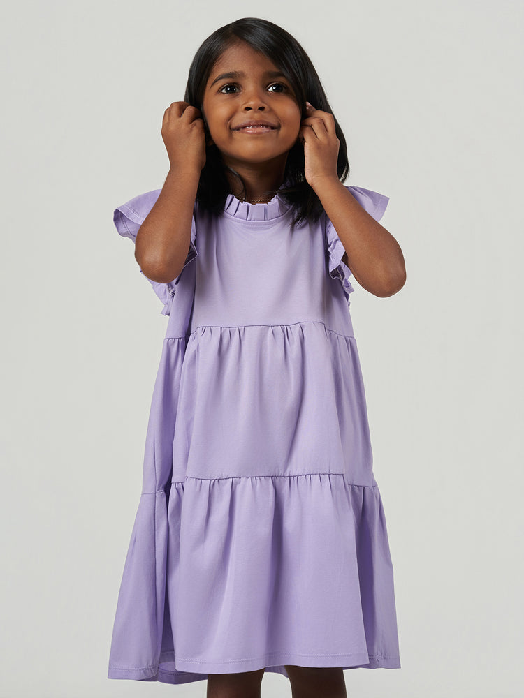 Purple Solid Regular Fit Ruffle Sleeve Dress