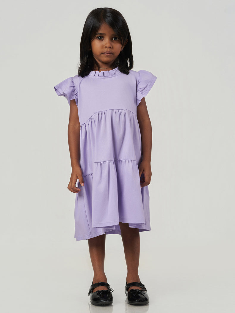 Purple Solid Regular Fit Ruffle Sleeve Dress