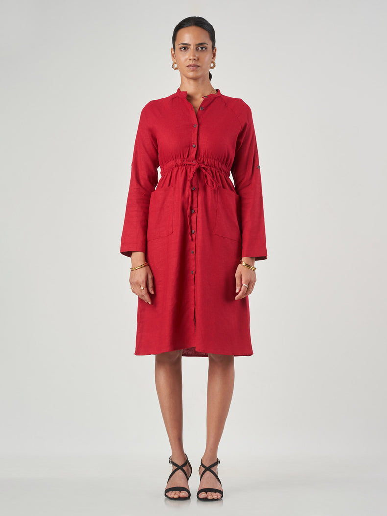 Red Linen Blend Drawstring Shirt Dress