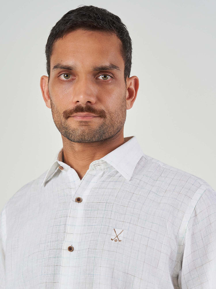 White Checked Linen Regular Fit Short Sleeve Shirt