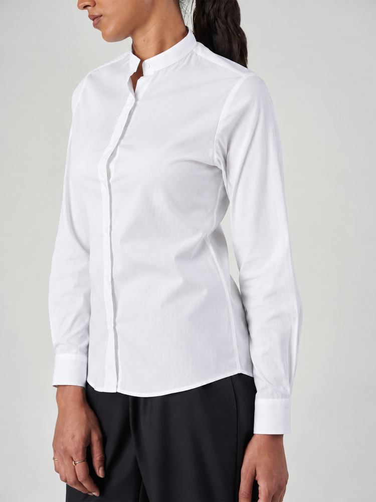 White Cotton Blend Tunic Collar Shirt