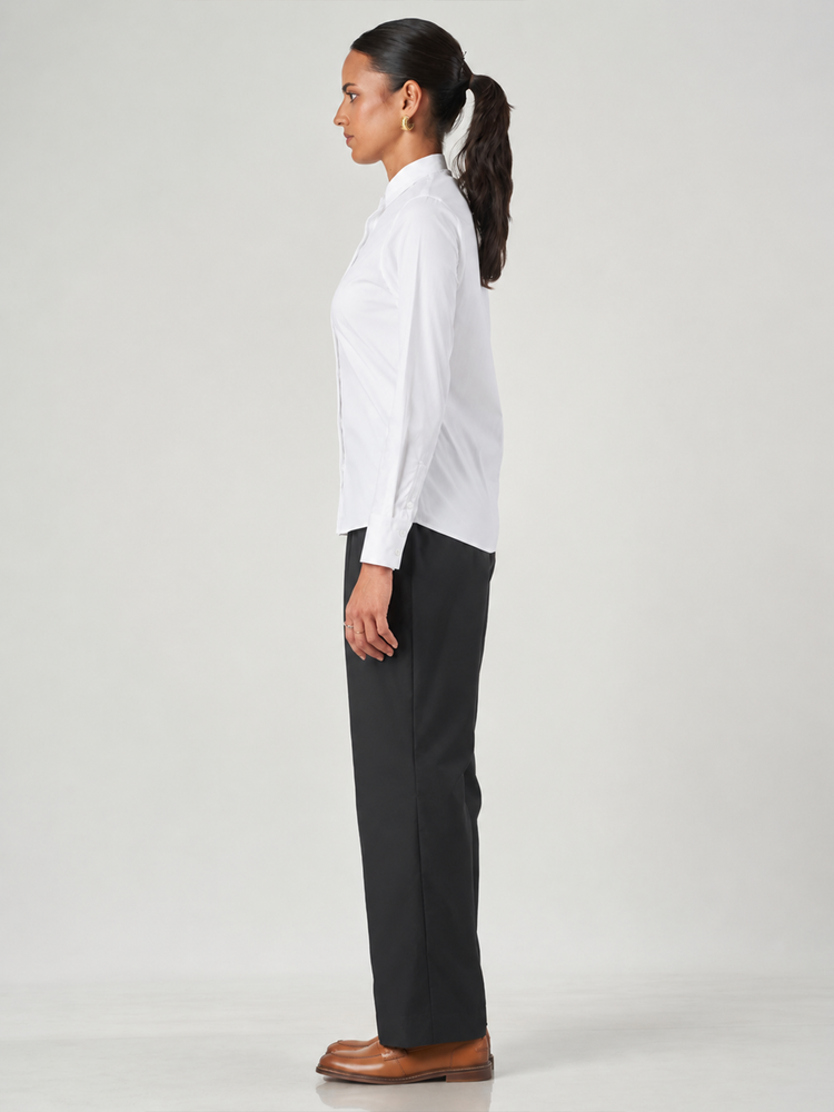 White Cotton Blend Tunic Collar Shirt