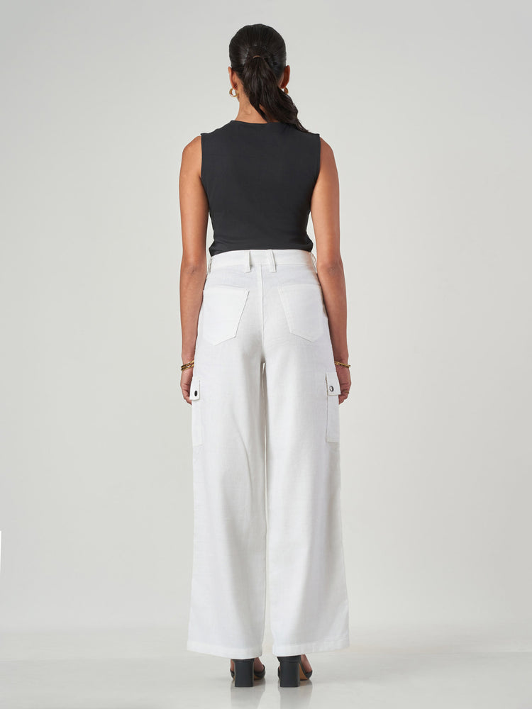 White Regular Fit Linen Blend Cargo Pants