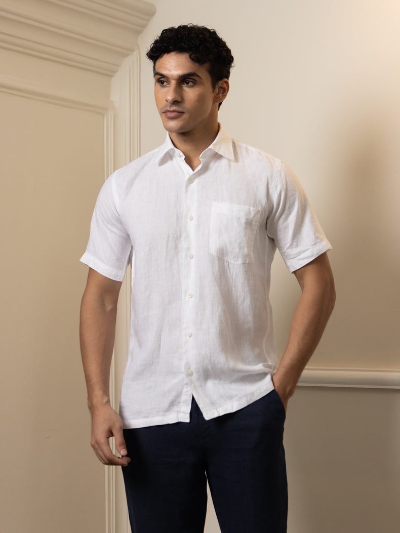 White Linen Regular Fit Short Sleeve Shirt