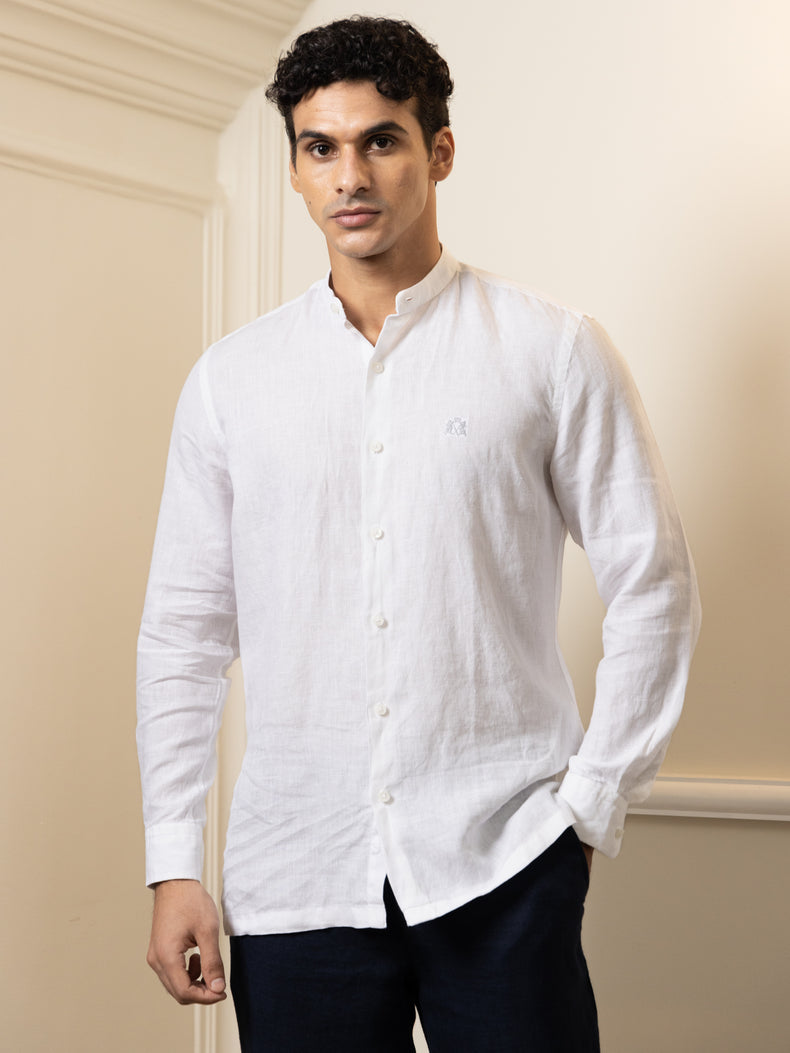 White Linen Tailored Fit Tunic Collar Shirt