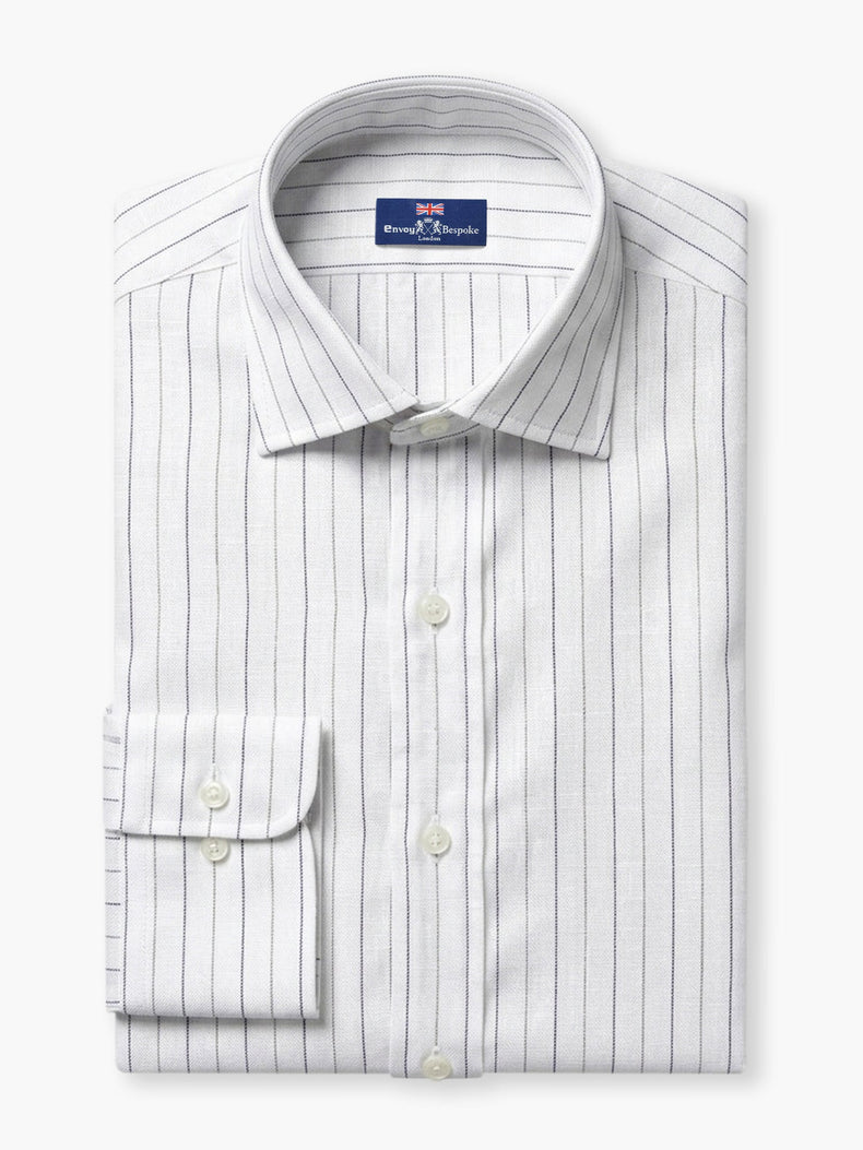 White Navy Striped Linen Custom Shirt