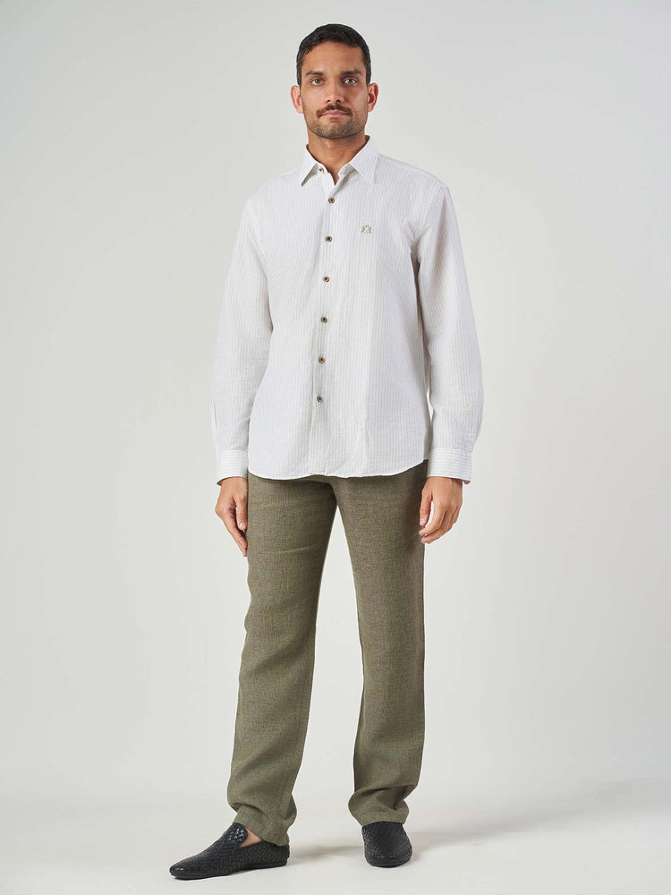 White Striped Cotton Linen Tailor Fit Shirt