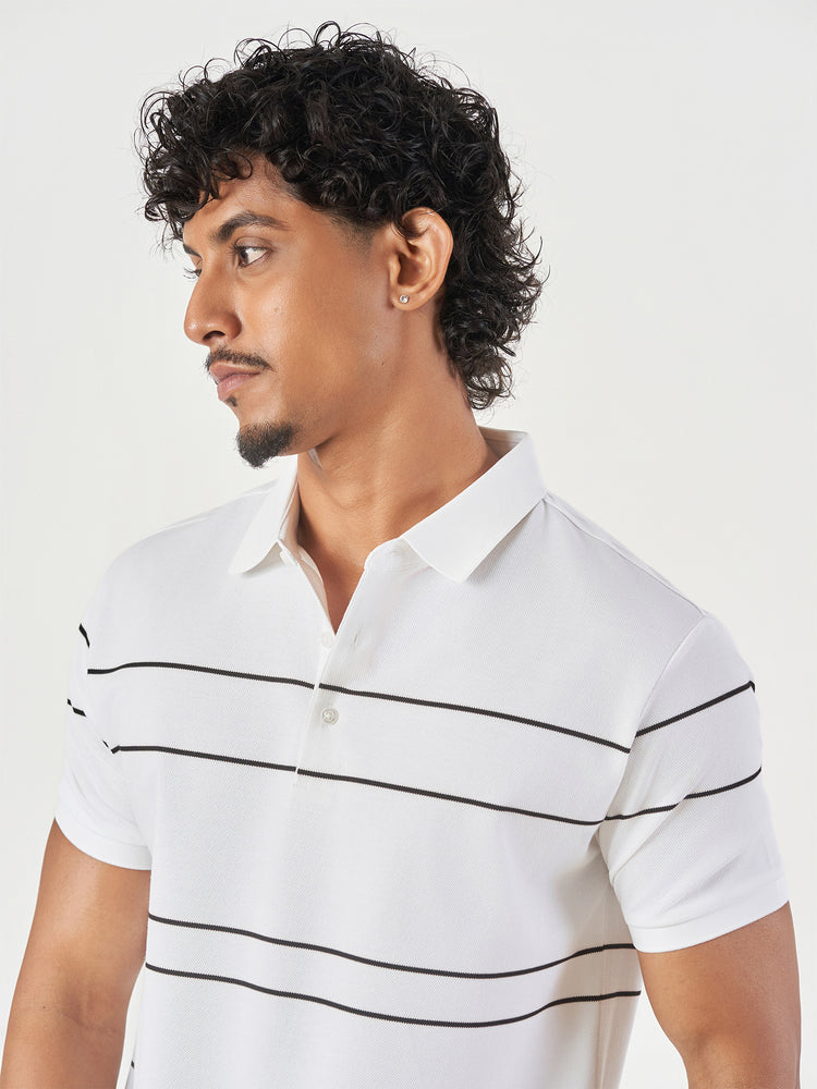 White Striped Cotton Polo T-Shirt