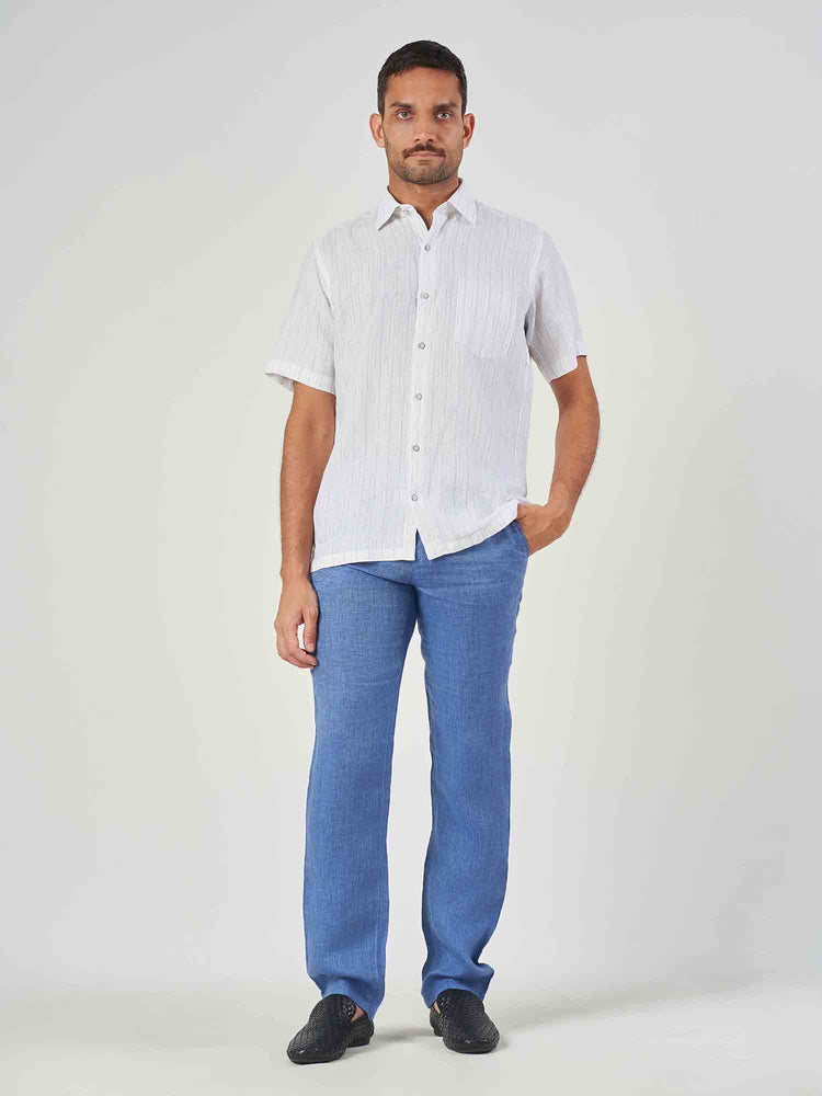 White Striped Linen Regular Fit Short Sleeve Shirt