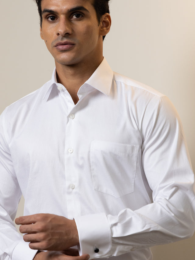White Textured Cotton Tailored Fit Formal Shirt
