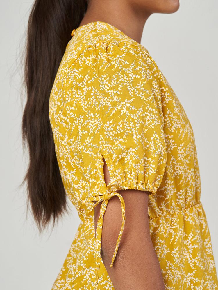 Yellow Floral Printed Cotton Puff Sleeve Frock