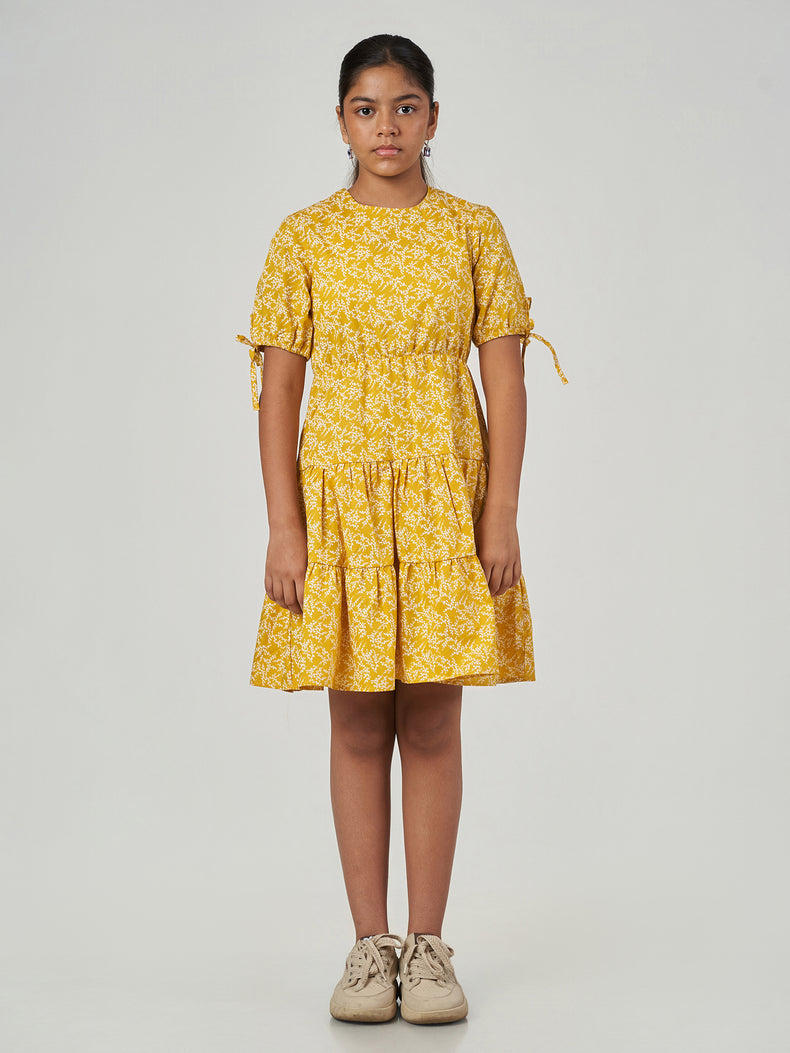 Yellow Floral Printed Cotton Puff Sleeve Frock