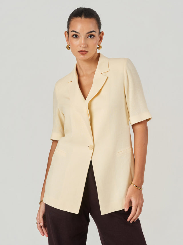 Beige Short Sleeve Linen Blazer